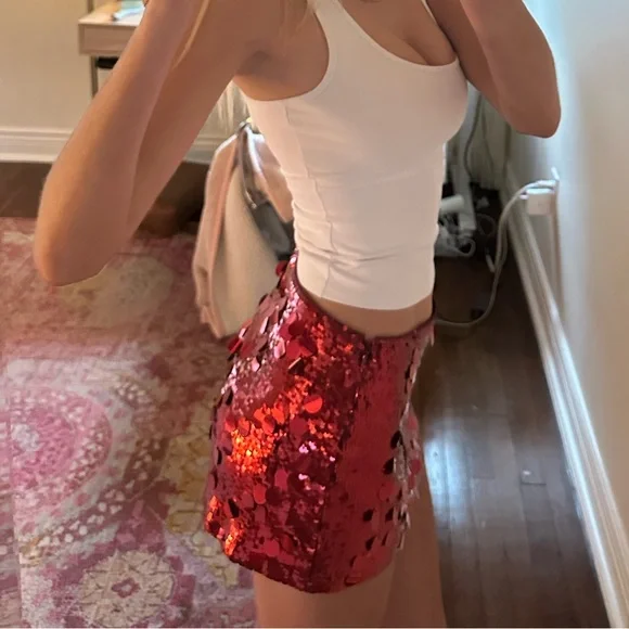 Danielle Guizio Red Sequin Pencil Mini Skirt